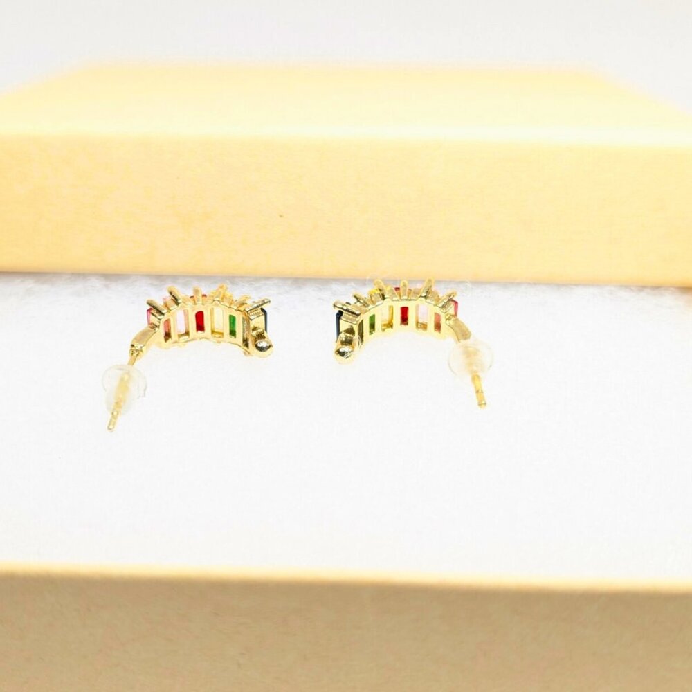 Golden Rainbow Rhinestone Gem Multicolor CZ Gold Plated Small Earrings - Picture 5 of 8